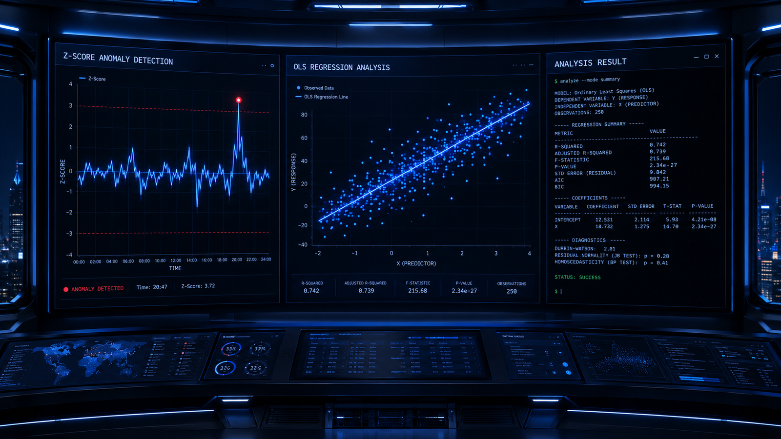A sleek, dark-themed data command center with three glowing panels: the left panel shows a Z-score anomaly spike on a line chart with one red dot highlighted, the center panel shows an OLS regression scatter plot with a trend line in electric blue, and the right panel shows a minimalist terminal output labeled ANALYSIS RESULT with structured text. Navy blue and dark charcoal color palette.
