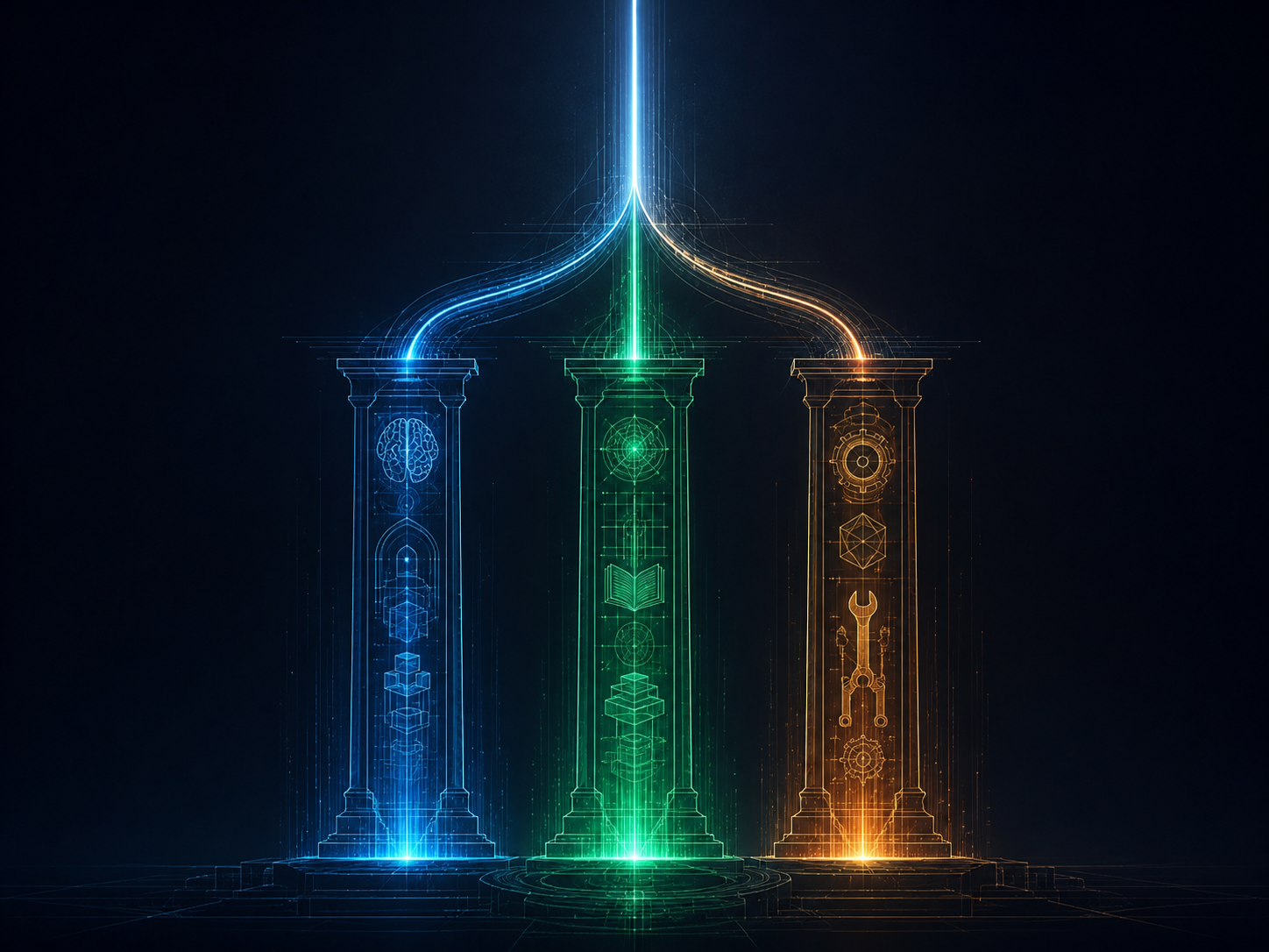 Illustration showing three interconnected pillars labeled Memory, Knowledge, and Tools rising from a dark background. Each pillar glows in a distinct color: deep blue for Memory, emerald green for Knowledge, amber for Tools. Thin light lines connect the pillars at the top, converging into a single upward beam. The style is minimal and technical, like a blueprint diagram.