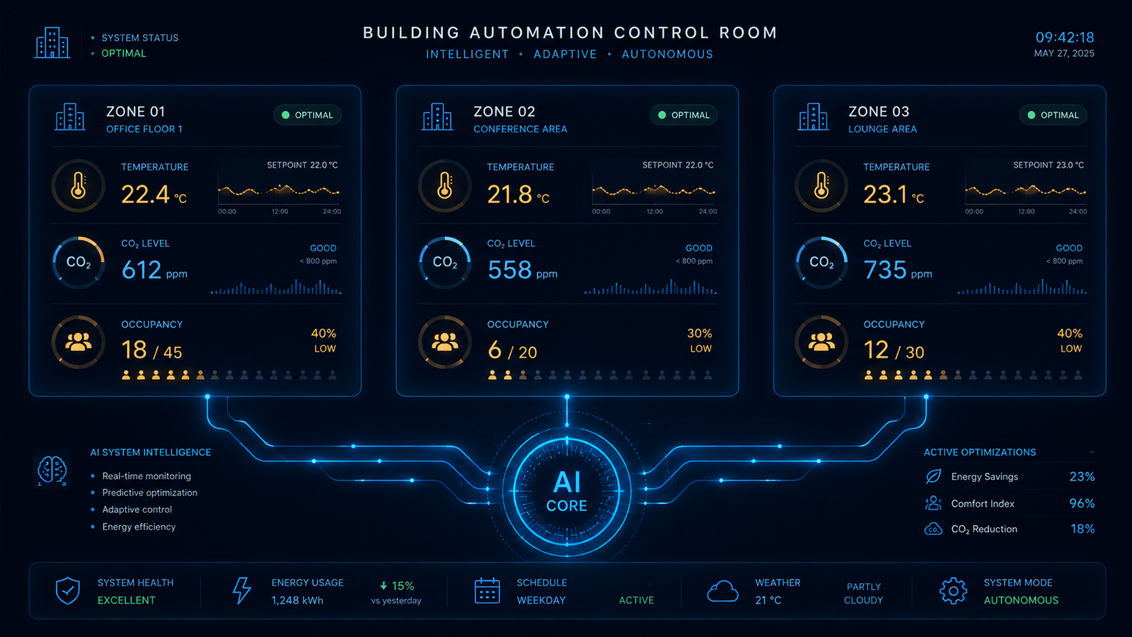 A dark, minimal control room aesthetic. Three glowing zone panels arranged horizontally, each showing temperature readouts, CO2 gauges, and occupancy indicators in soft blue and amber. A central AI core represented as a pulsing circuit node connects to all three panels with thin light trails.