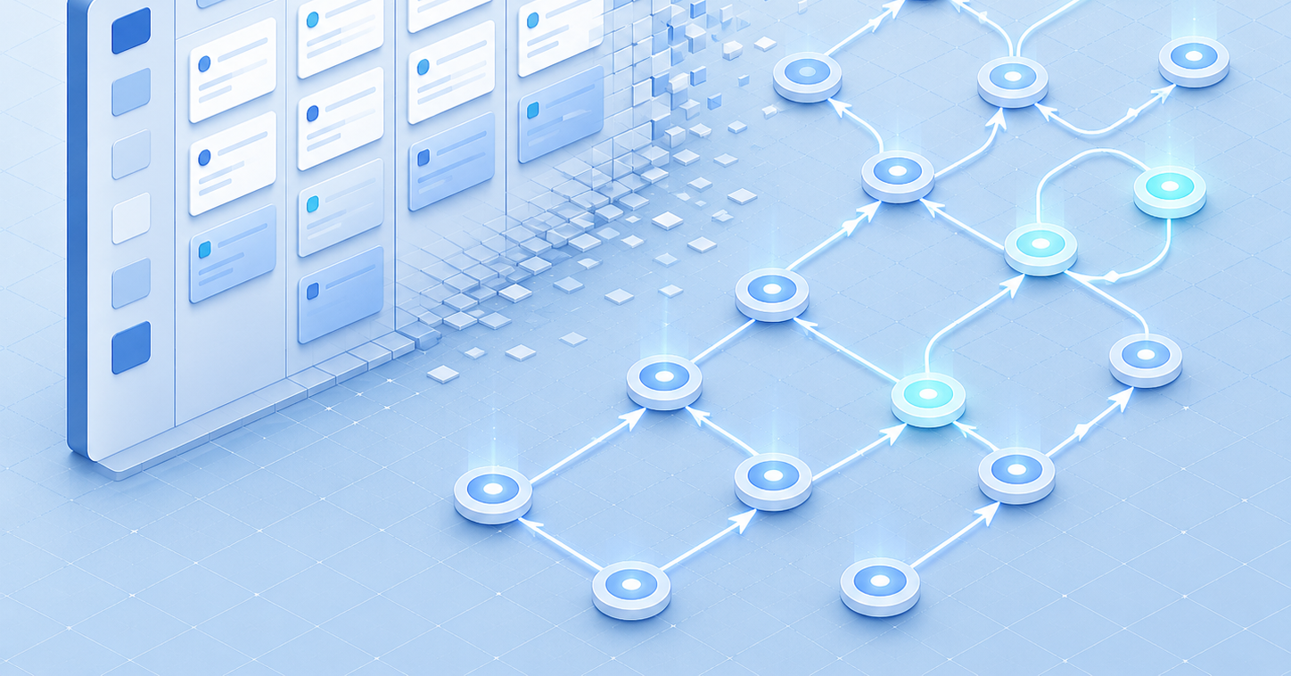 A clean isometric illustration of a project planning board transforming into a flowing network of connected nodes. Soft blue and white tones. Each node glows faintly as it activates in sequence. Arrows show dependency paths between tasks. A subtle grid background.