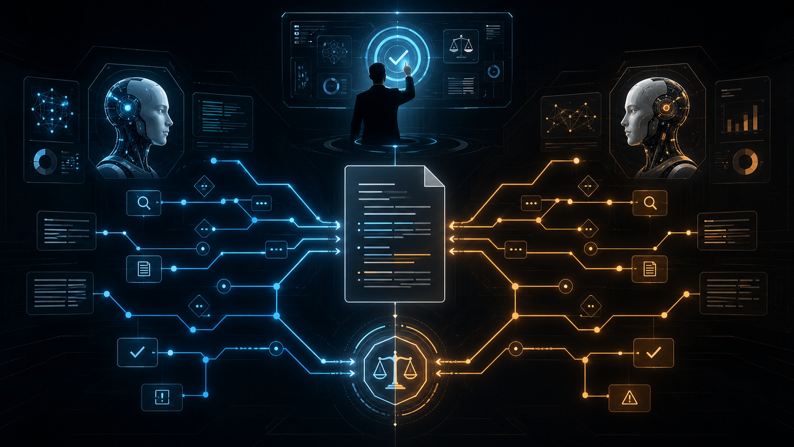 A split-screen digital illustration showing two AI reviewer agents on opposite sides, each analyzing the same document with different colored reasoning paths (one blue, one amber), converging at a central arbitration node. A human silhouette stands at the top of the node with a glowing approval interface. Dark background, clean geometric lines, enterprise governance aesthetic.