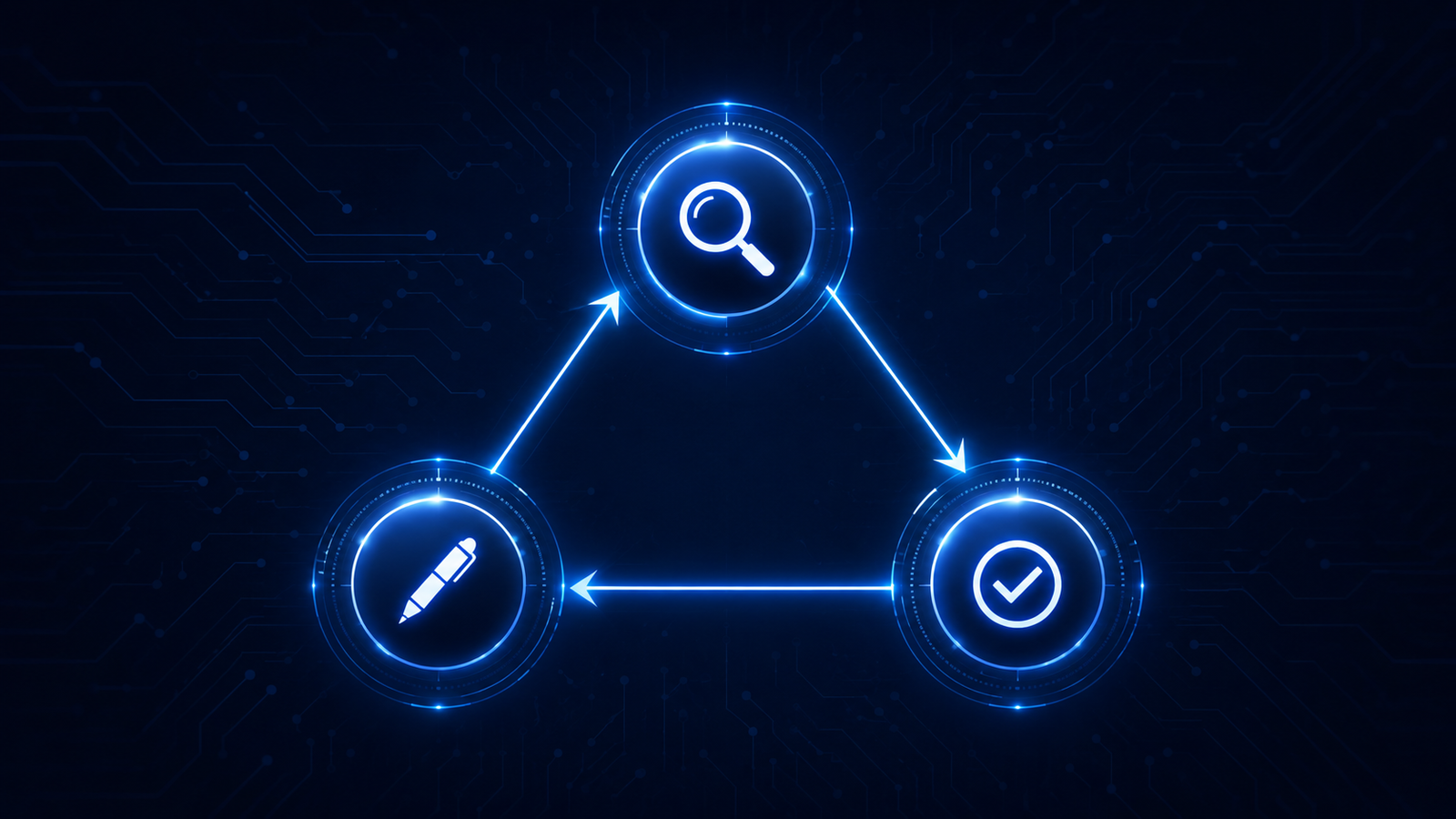A clean, minimal illustration of three glowing AI agent nodes arranged in a triangle formation, connected by directional arrows showing sequential handoffs. Each node has a small icon representing its role: a magnifying glass for research, a pen for writing, a checkmark for review. Deep navy background with subtle circuit-line texture. NosisTech brand palette: electric blue and white accents.
