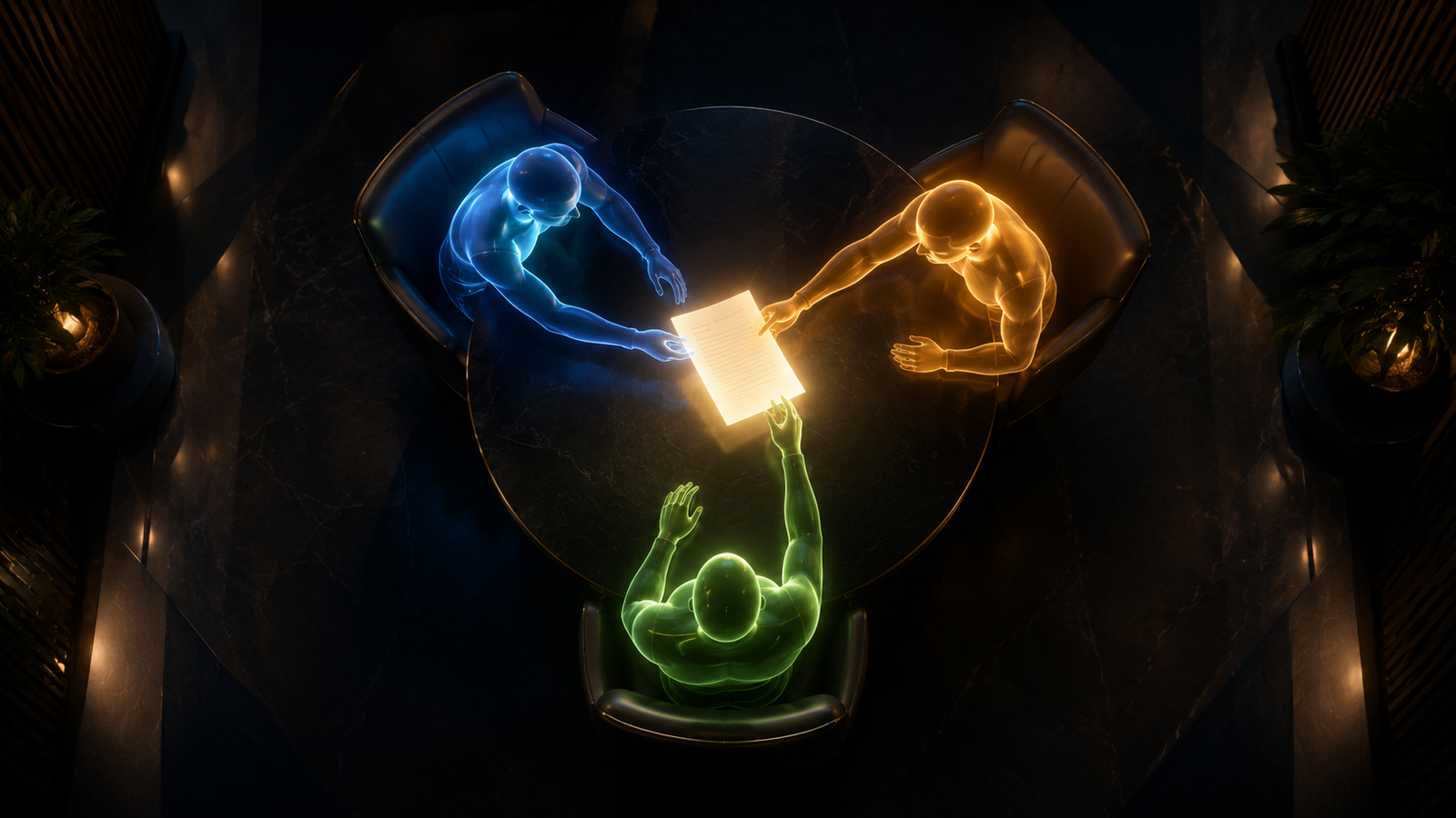 A cinematic top-down view of three glowing humanoid figures seated at a round table in a dark boardroom, each figure a different color of light (blue, amber, green), passing a glowing document between them. Pure visual metaphor for structured multi-agent collaboration.