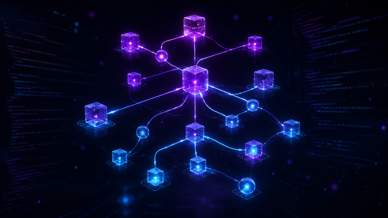 A dark canvas with a glowing visual node graph floating in the center. Purple and blue connected nodes with bright wire connections between them, forming a flow diagram. In the background, faint code lines fade into darkness.