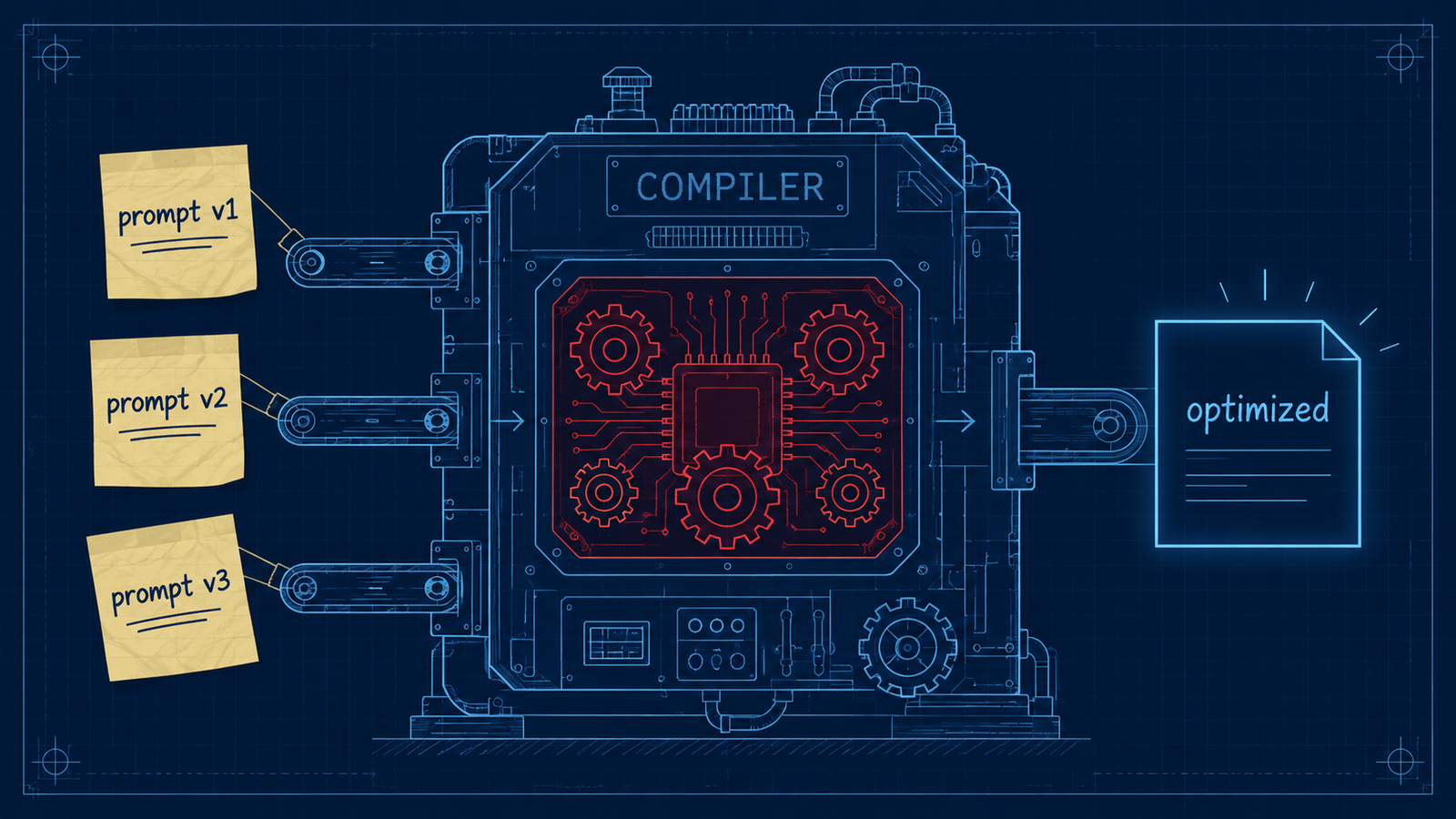 A dark navy blueprint-style illustration of a compiler machine with gears and circuit lines. On the left side, handwritten sticky notes labeled "prompt v1", "prompt v2", "prompt v3" are being fed into the machine. On the right side, a single clean glowing output emerges labeled "optimized." Subtle Stanford cardinal red accent color on the machine core.