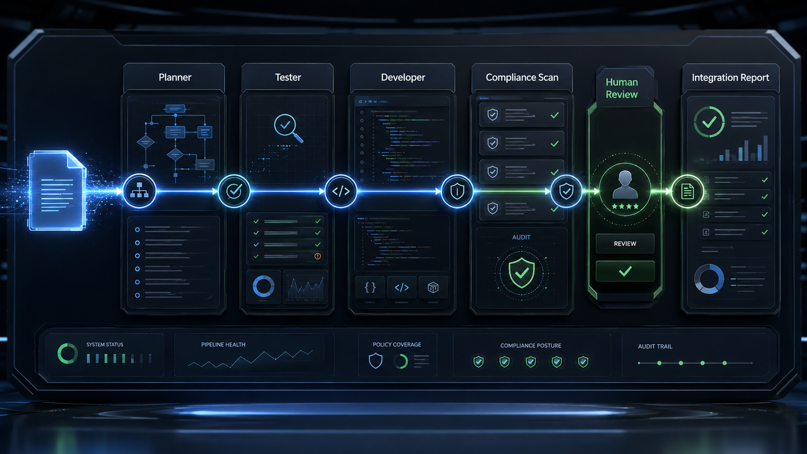 Command center interface where a software requirement flows through five labeled checkpoints: planner, tester, developer, compliance scan, and integration report. Use a sophisticated governance and engineering visual language, with code panels, policy rule cards, audit checkmarks, and a human review checkpoint.