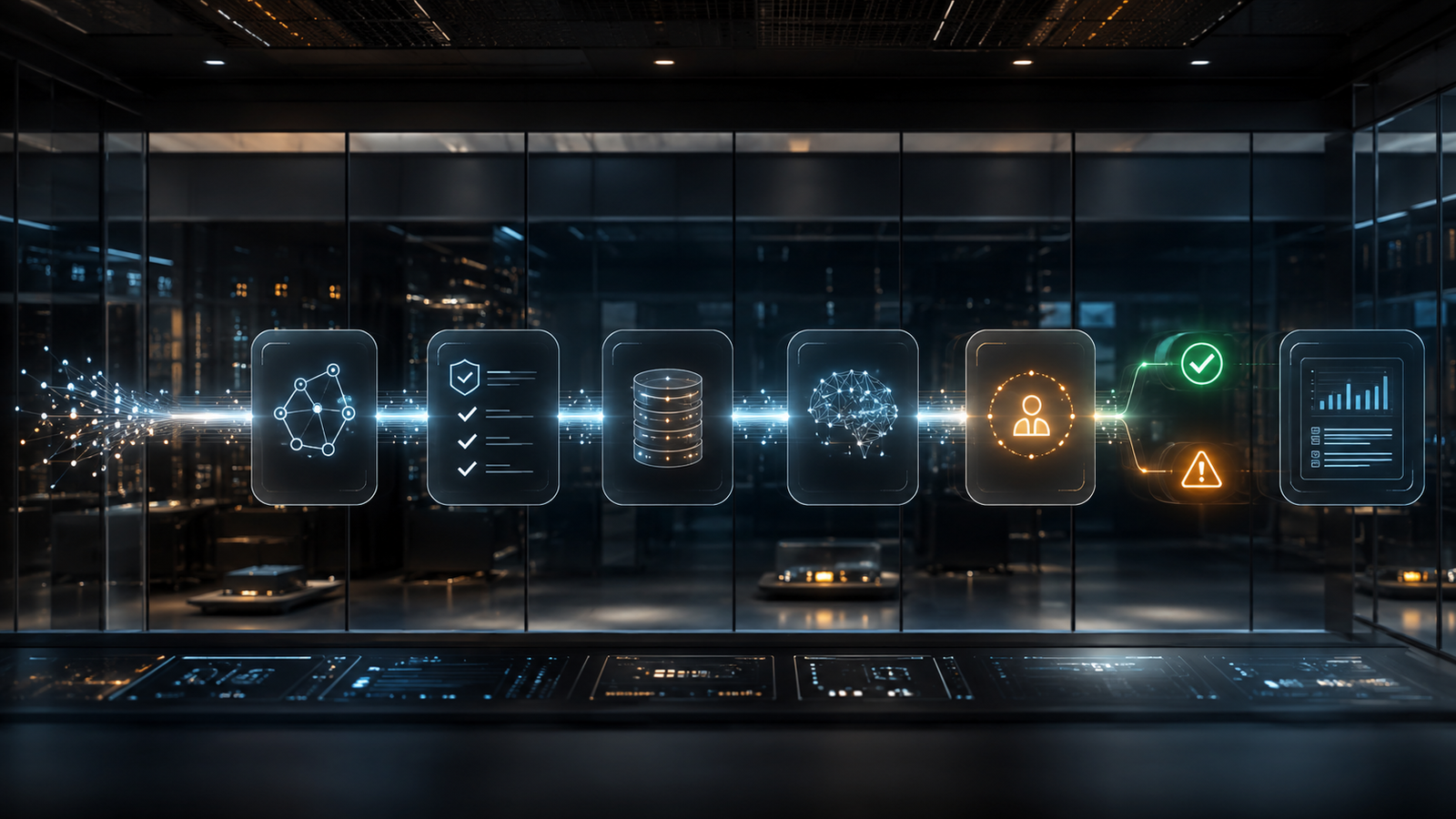 AI governance pipeline inside a glass control room, with glowing task nodes moving through validation, policy retrieval, model review, and human checkpoint stages.
