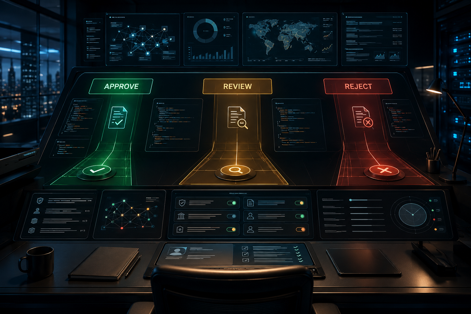 Governance control desk for AI systems. Show a clean dark Workstation with three glowing decision lanes labeled APPROVE, REVIEW, and REJECT, structured JSON panels, policy rule cards, and a human review checkpoint.