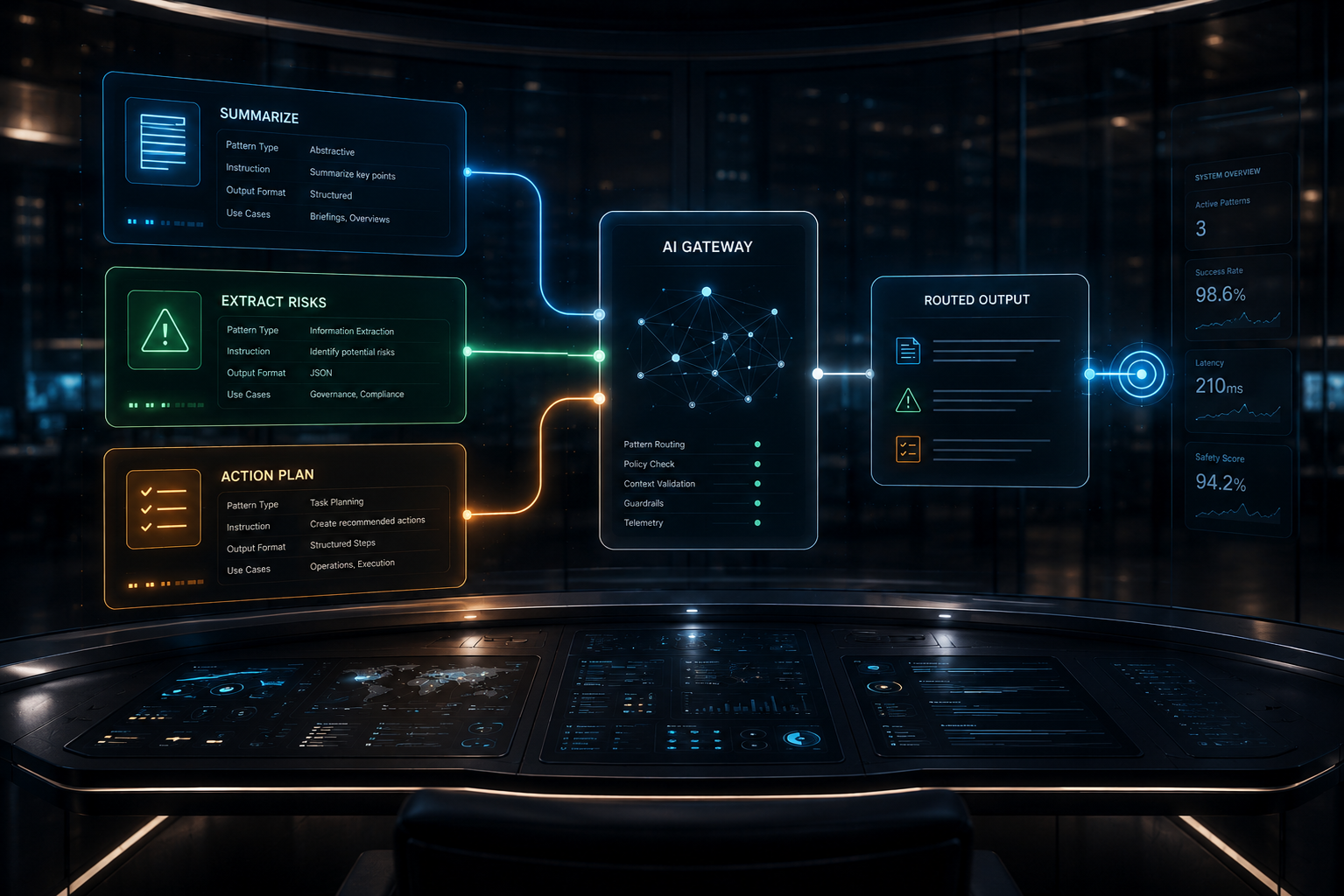 Prompt pattern routing console for enterprise AI. Show three glowing pattern cards labeled Summarize, Extract Risks, and Action Plan flowing into a central AI gateway.