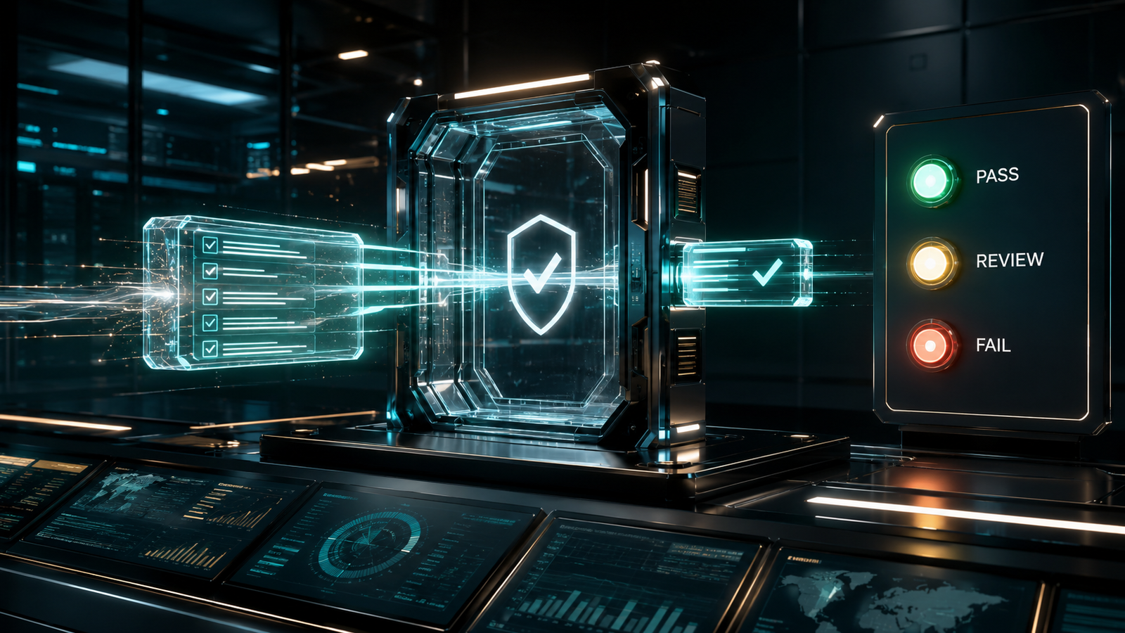 AI verification inspection station. A glowing claim enters from the left as structured data, passes through a transparent validation gate, and exits on the right with three clean verdict lights labeled PASS, REVIEW, and FAIL.