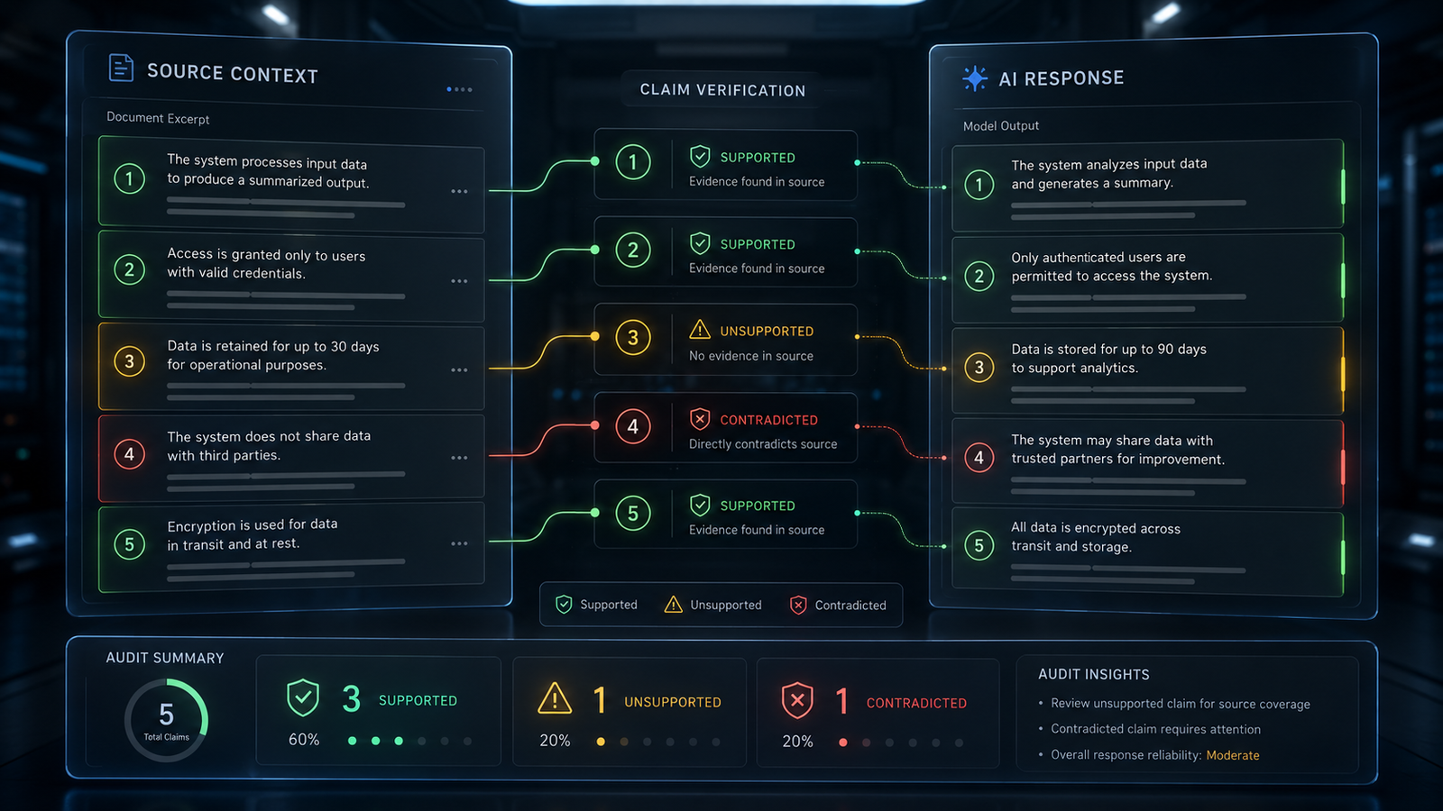 Image of an AI audit console comparing two text panels. One panel is labeled source context and the other is labeled AI response. Show claim-level status indicators for supported, unsupported, and contradicted claims.