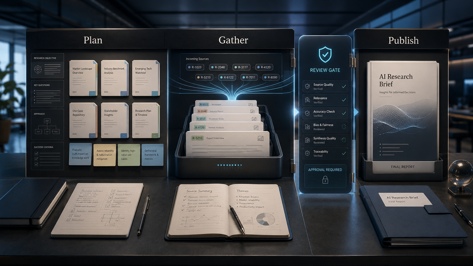 Image of an AI research desk with three clearly separated stations labeled Plan, Gather, and Publish.