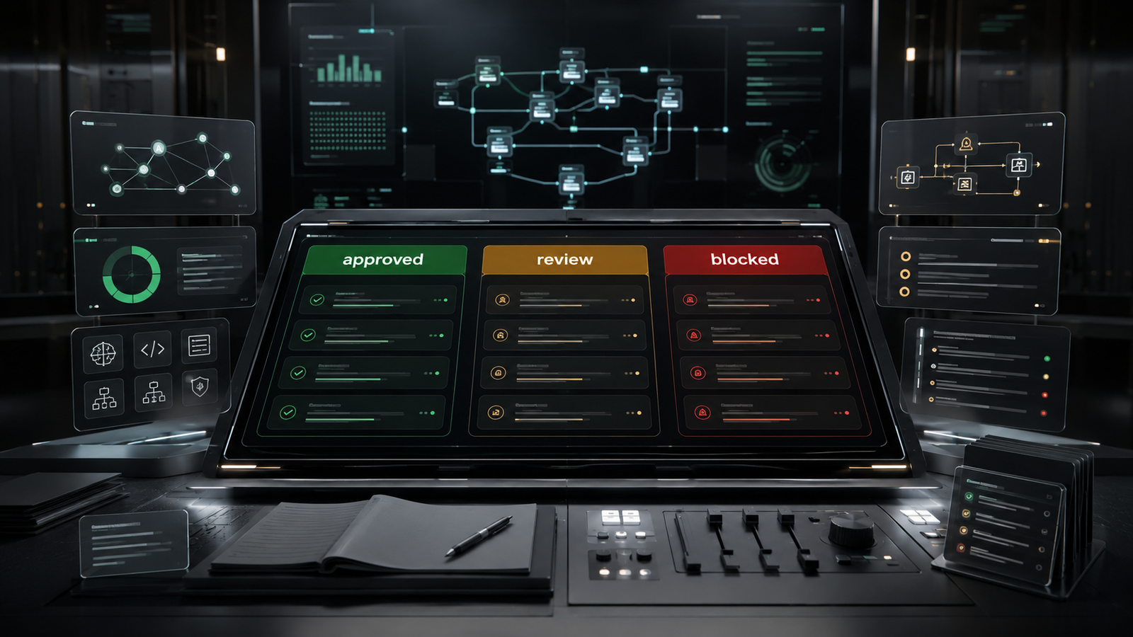 Image of an AI control desk for software agents, showing a central planning console with three clear status lanes labeled approved, review, and blocked, surrounded by abstract tool cards and audit notes.