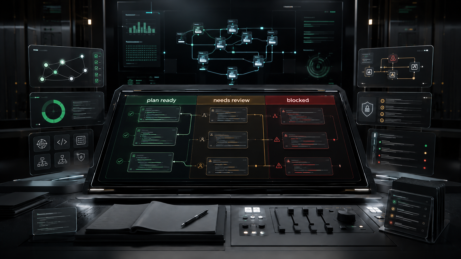 Image of an AI software engineering control room, showing a simulated sandbox workspace with three lanes labeled plan ready, needs review, and blocked, abstract code cards flowing through an inspection desk.
