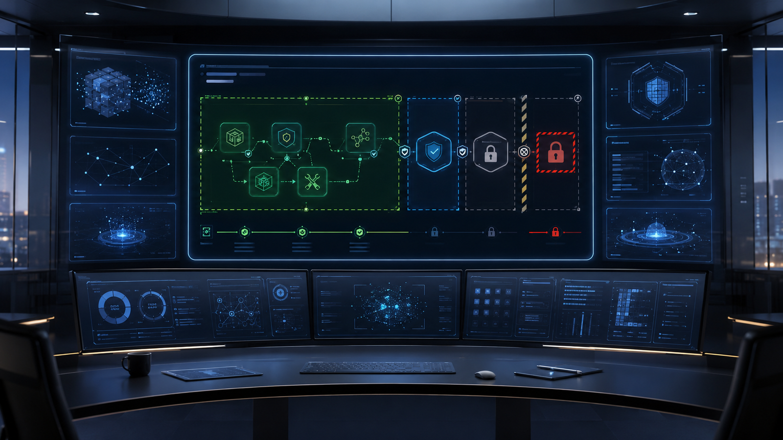 Image of an AI software planning control room, with a glowing terminal interface showing safe simulated tools, action traces, review gates, and blocked production access.