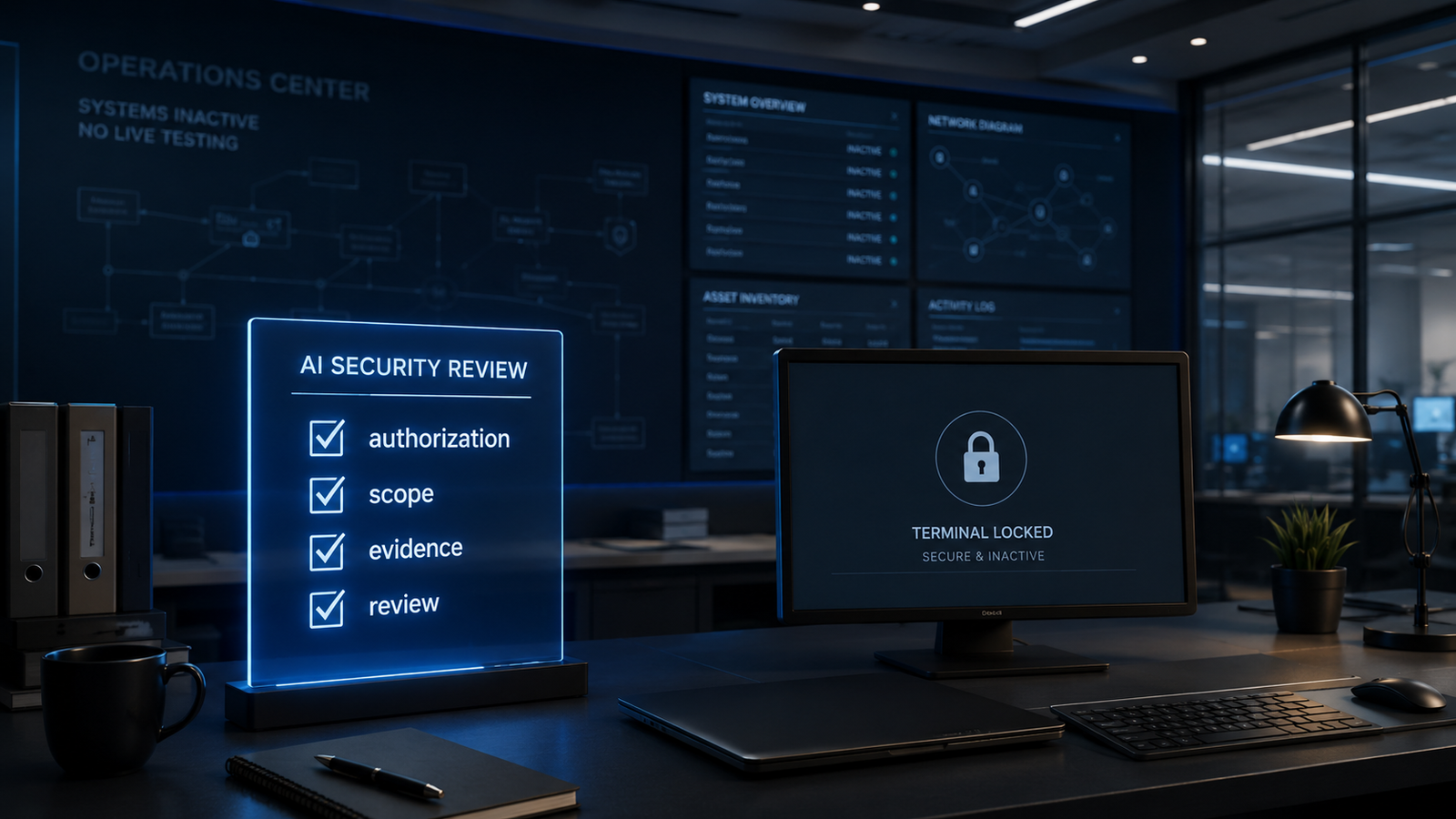 Image of an AI security review desk inside a modern operations room. In the foreground, a glowing checklist labeled authorization, scope, evidence, and review sits beside a locked terminal screen. In the background, abstract network diagrams remain dim and inactive, showing that no live system is being tested.