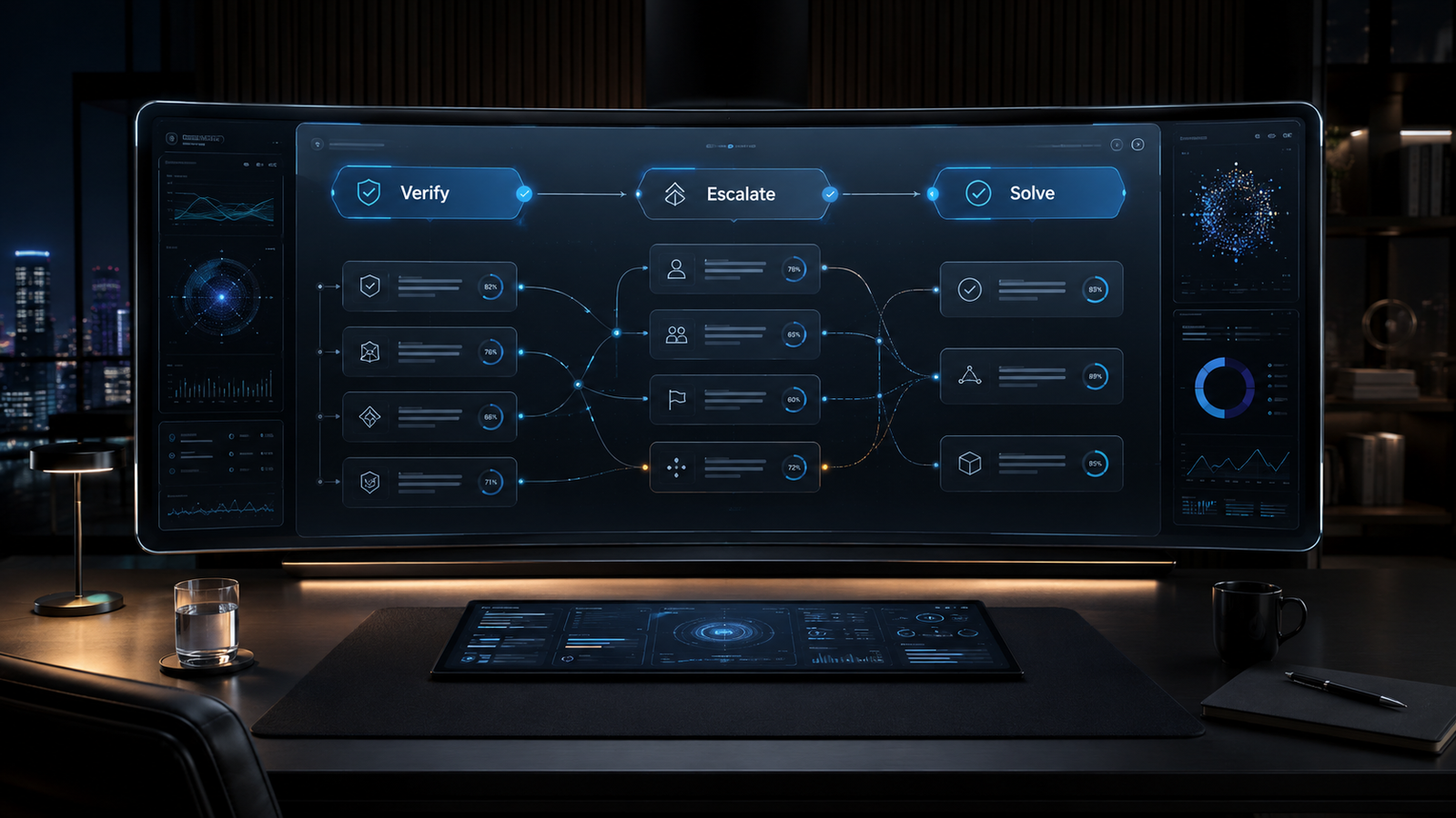 Image of an AI reasoning control desk with three illuminated checkpoints labeled Verify, Escalate, and Solve. A central analyst console shows structured claim cards, confidence meters, and branching reasoning paths.