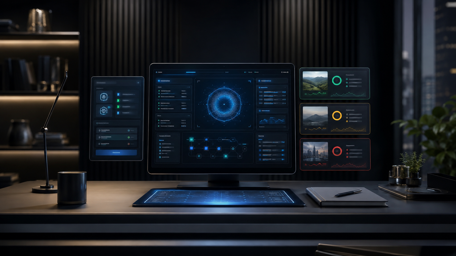 Image of a compact AI operations desk with one glowing central agent console, a single approved tool interface, structured JSON cards, and three fictional company dossiers marked low, medium, and high risk.
