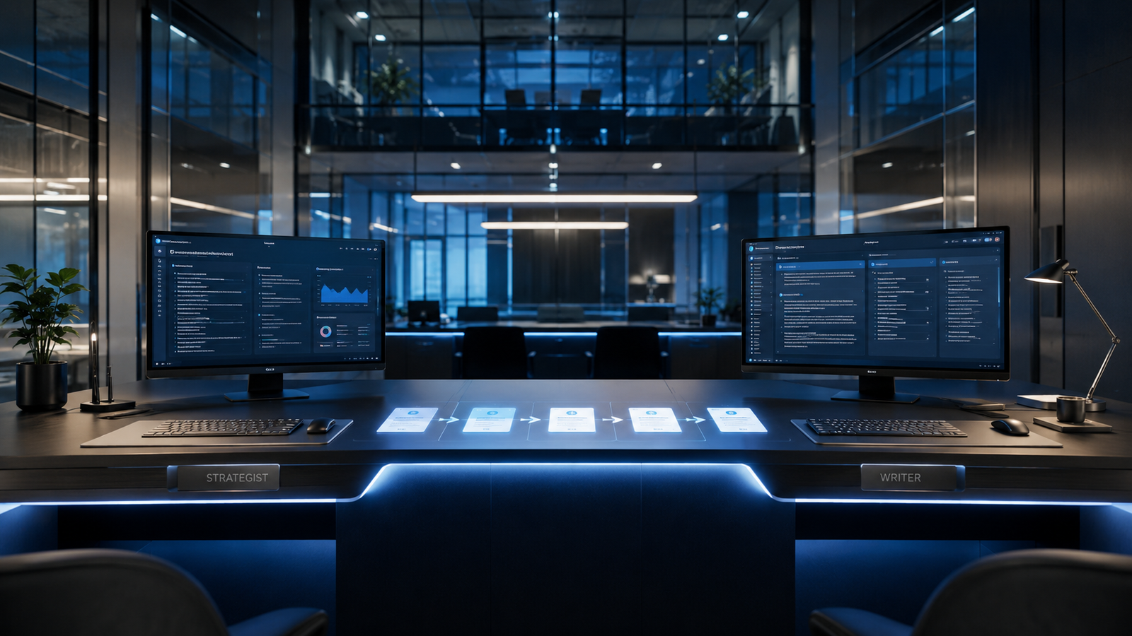 AI software company control desk, with two clean workstations labeled strategist and writer, glowing message cards moving across a shared central desk, modern glass office.