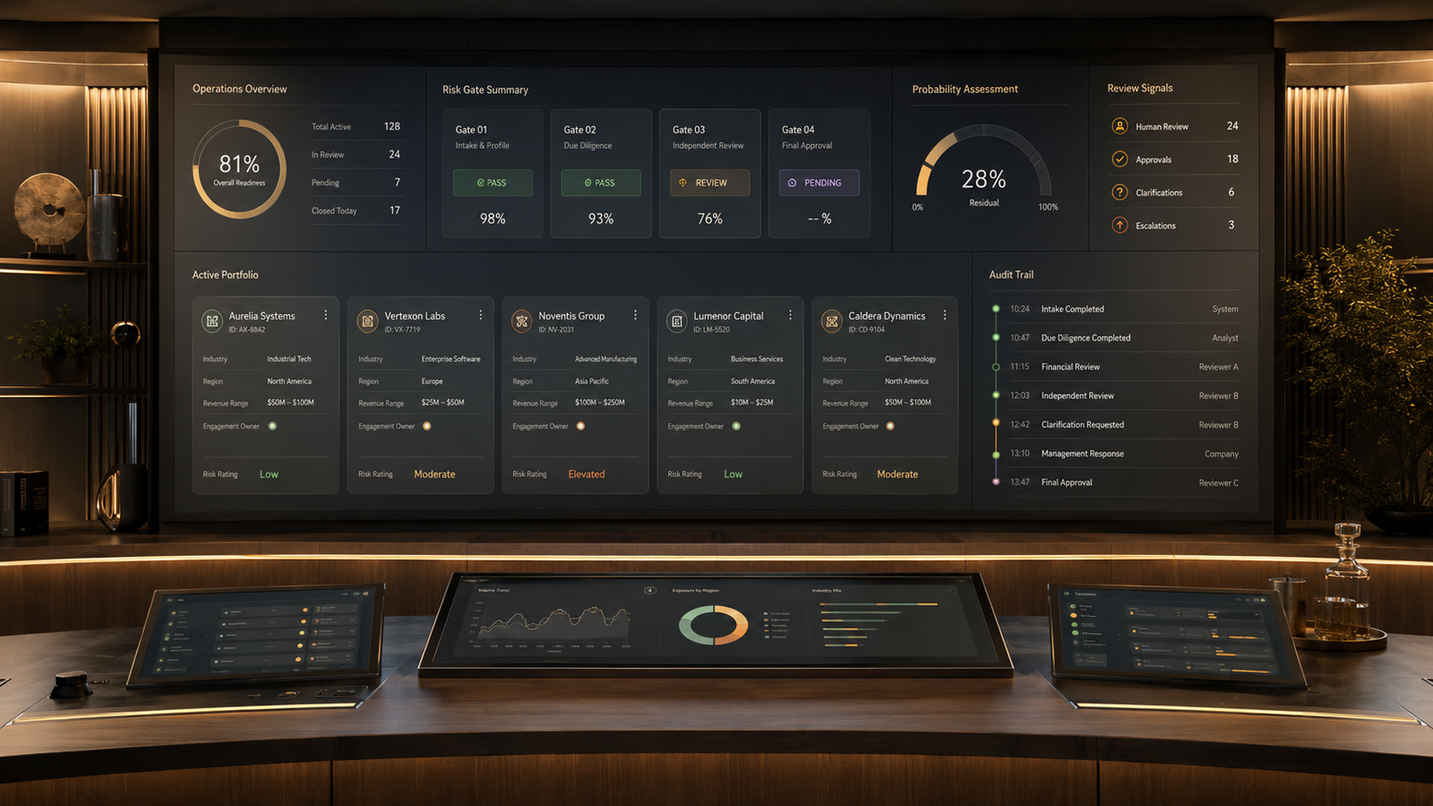Image of a modern business operations control room. Show a clean dashboard wall with risk gates, probability meters, audit trail lines, and human review signals. Use fictional company cards, no real logos, no medical imagery, no legal symbols, no cybersecurity imagery.