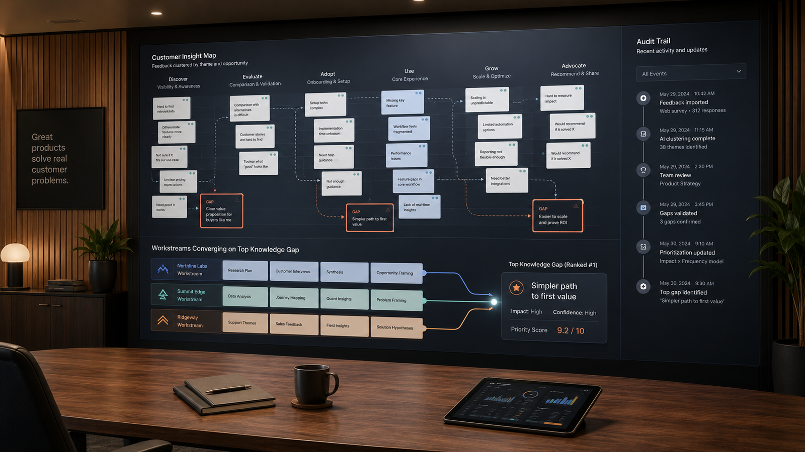 Image of a product strategy room with a large wall map of customer feedback cards, highlighted missing links, and a clean audit trail panel. Showing three fictional company workstreams feeding into one ranked knowledge gap.