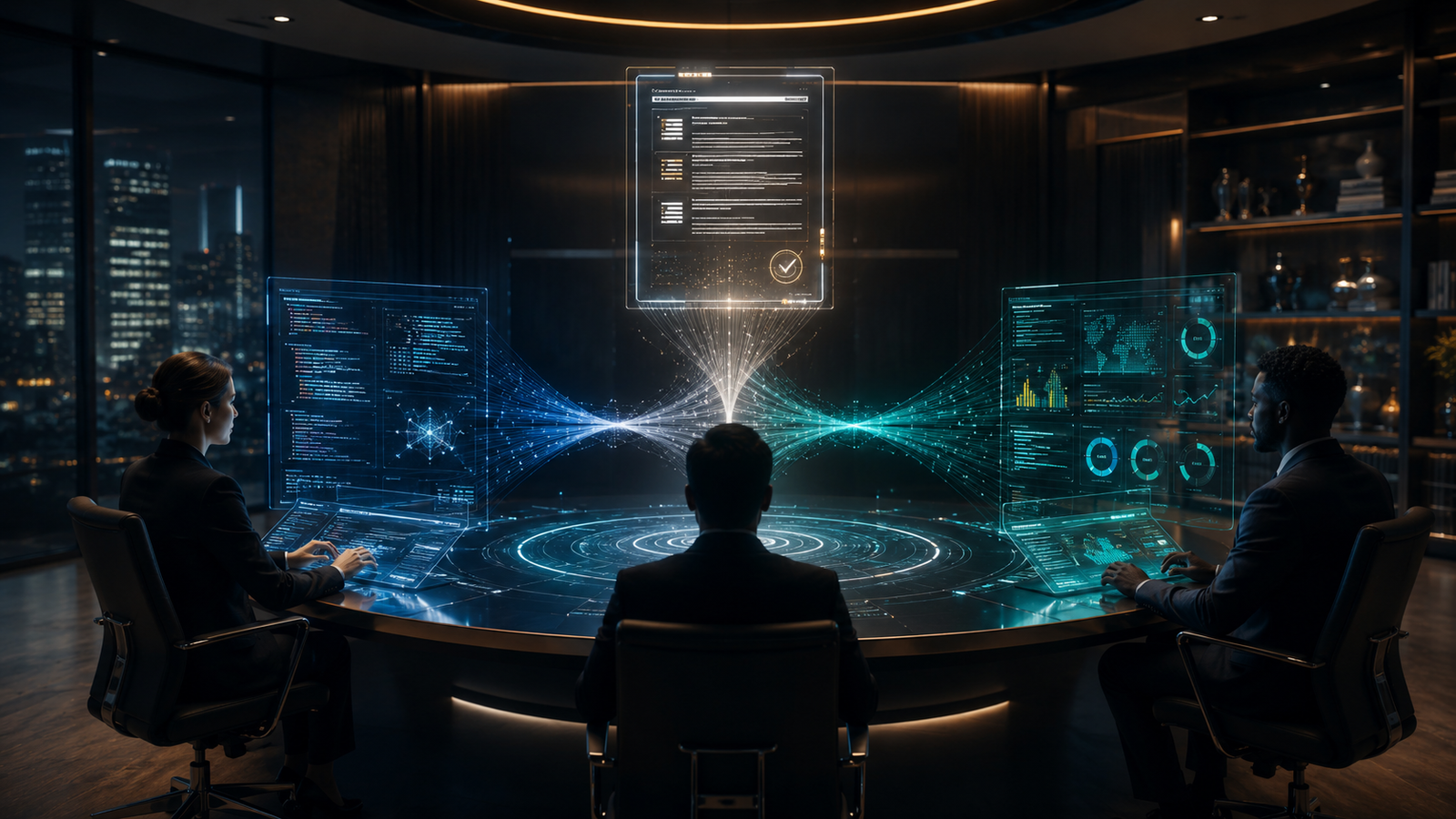 A cinematic digital boardroom with three distinct AI expert silhouettes seated around a glowing circular decision table, each reviewing different streams of code, policy, risk, and operations notes. In the center, a transparent consensus document forms from converging light paths. Professional enterprise atmosphere, sharp details, deep contrast, no text, no logos, no brand names.