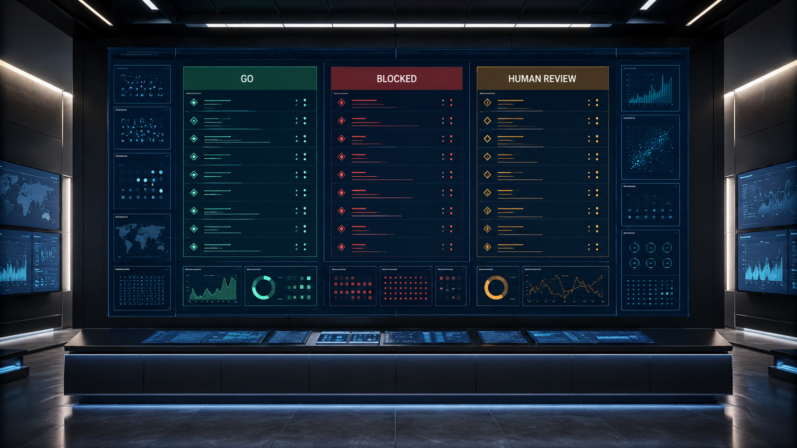 Control-room image showing a digital mission board with three large status lanes labeled GO, BLOCKED, and HUMAN REVIEW. The scene should feel like enterprise AI governance and operational command.