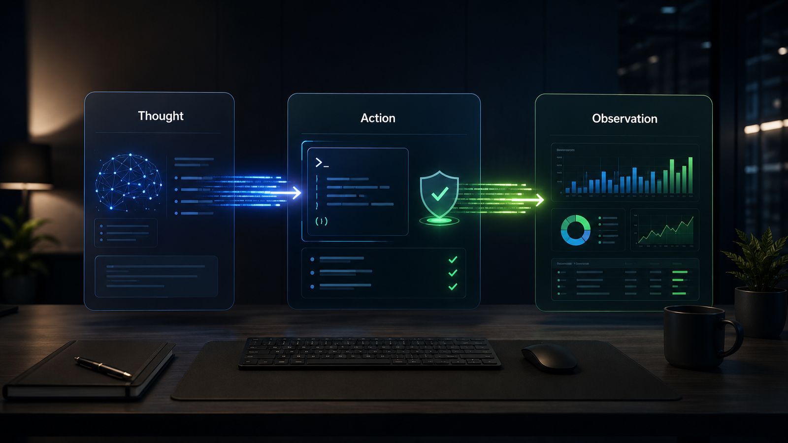 Image of a clean AI operations desk where a glowing code block moves through three checkpoints labeled Thought, Action, and Observation. Show an abstract agent interface validating a Python-style tool call before it reaches a business metrics console.