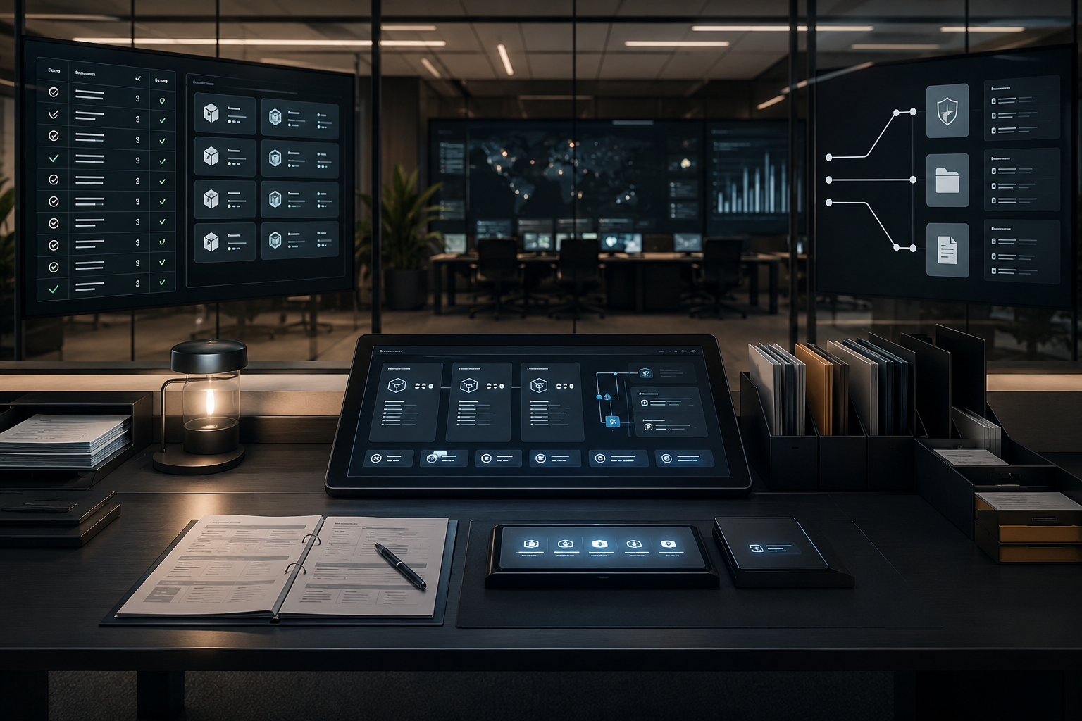AI governance intake desk. Show a modern operations room with a checklist board, AI system cards, evidence folders.