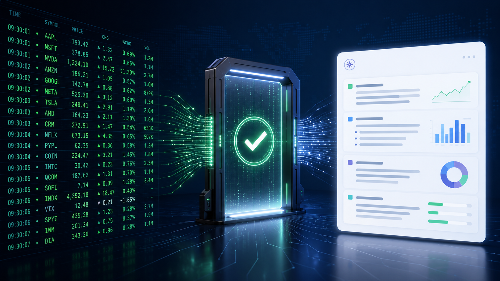 Market Data Agent architecture showing stock ticker feed, validation checkpoint, and AI summary pipeline