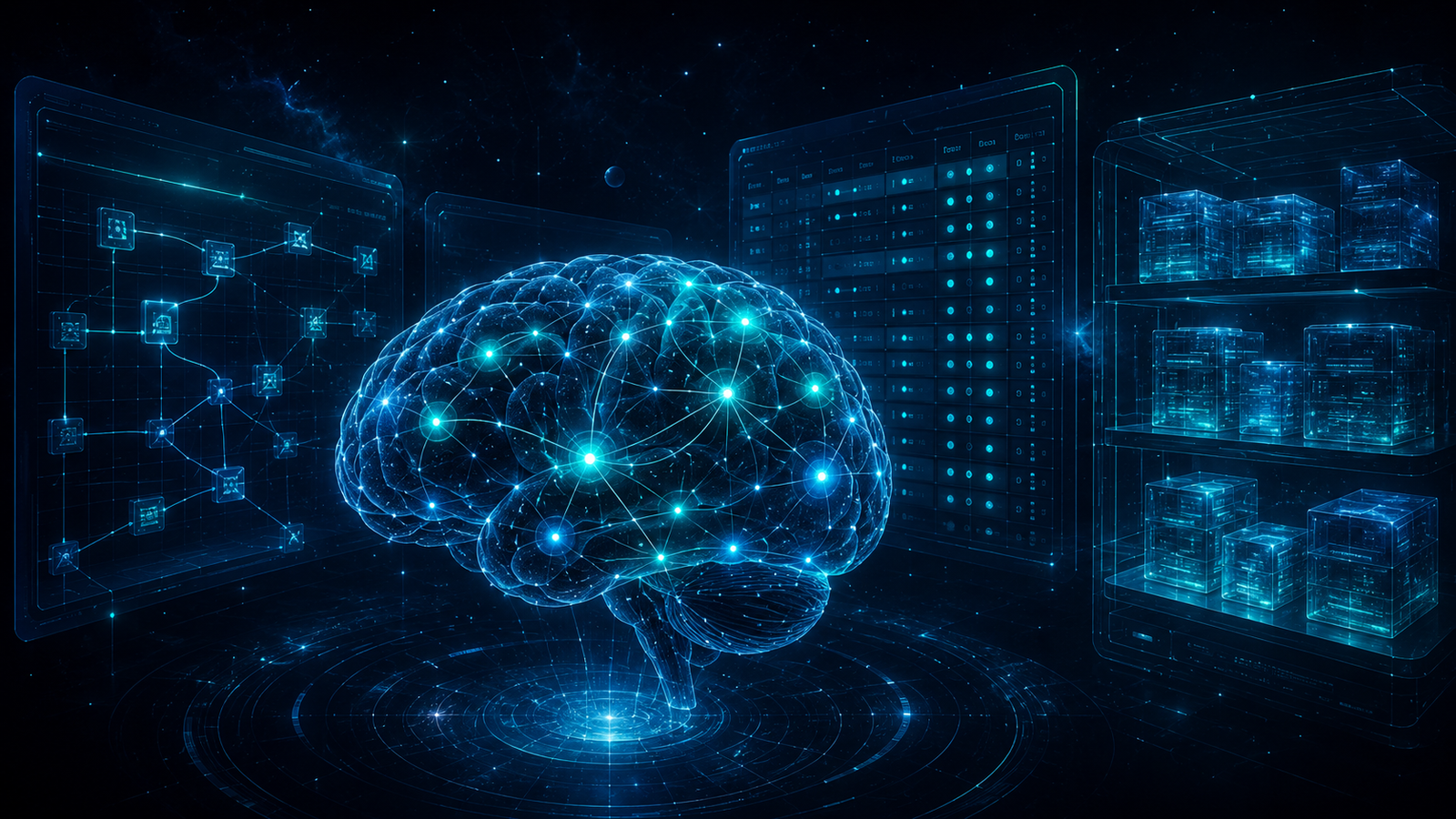 Illustration of a digital brain with glowing memory nodes connected by luminous threads. Each node pulses with soft blue and teal light, representing stored interactions. In the background, three architectural layers are visible as translucent panels: a planning grid, a decision matrix with numerical scores, and a memory vault with stacked records.