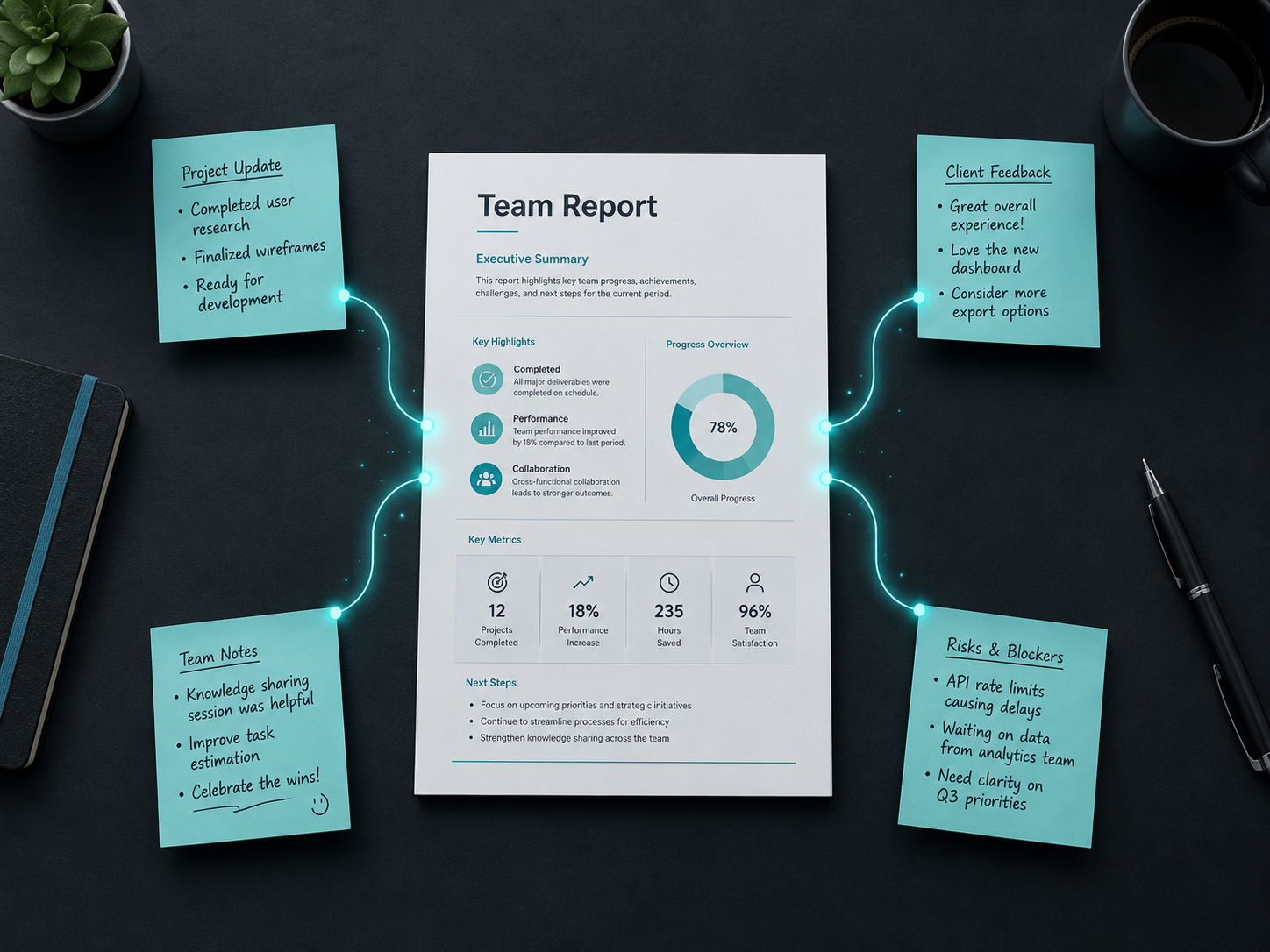 Top-down desk scene showing four sticky notes arranged around a central document labeled "Team Report." Each sticky note has a few handwritten lines.