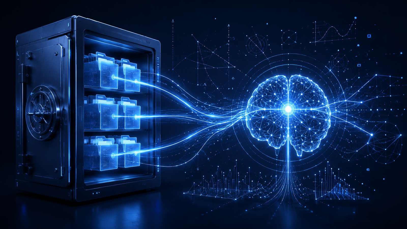 Illustration of a glowing document vault with beams of light connecting folders to a central AI brain node. Mathematical vectors and floating numbers surround the connection lines.
