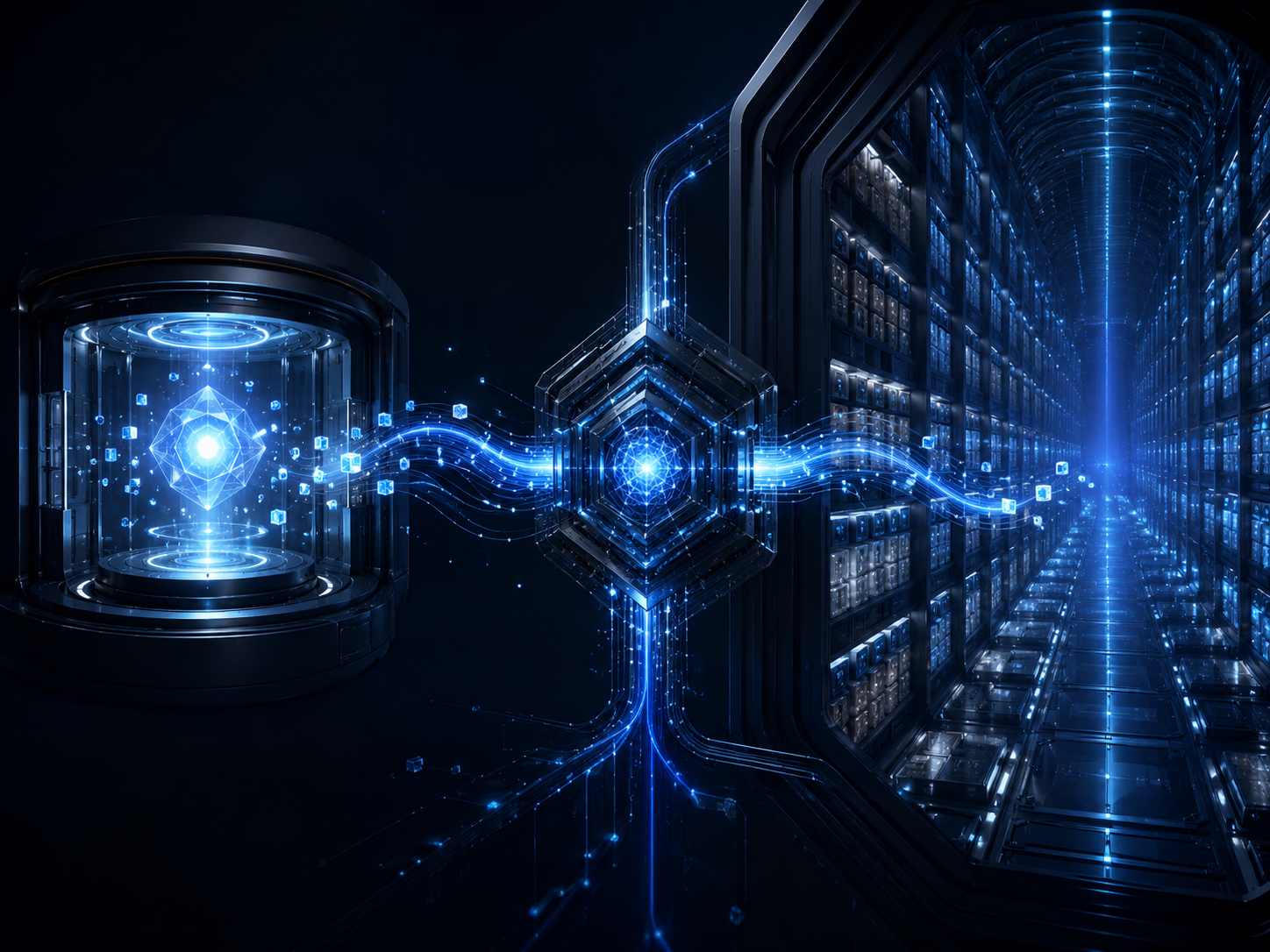 Dark interface showing two layered memory vaults connected by glowing data streams, one small illuminated chamber labeled CORE and one vast archive stretching into darkness labeled ARCHIVAL, with a central AI node actively moving information between them.