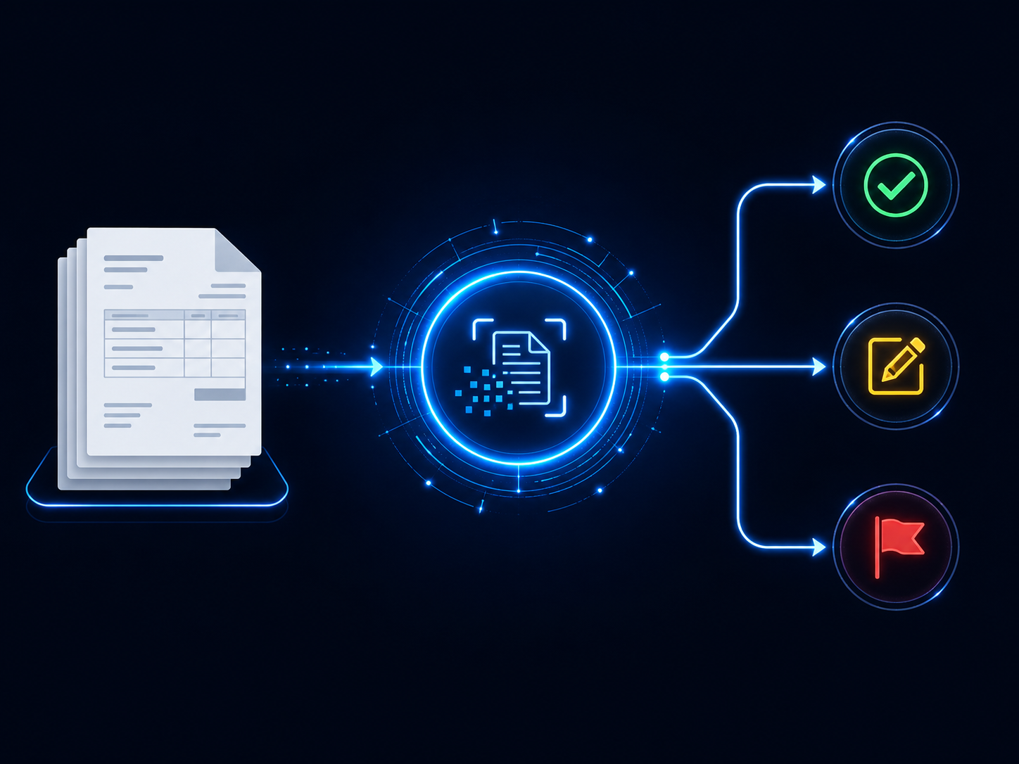 Document processing pipeline. A stack of paper invoices on the left feeds into a glowing central processing node. Three output paths branch from the node: a green checkmark path labeled accepted, a yellow warning path labeled correction, and a red flag path labeled review.
