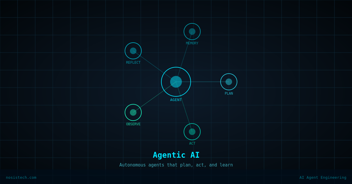 Diagram of an agentic AI system showing a central autonomous agent node connected to five cognitive sub-processes: Plan, Act, Observe, Reflect, and Memory.