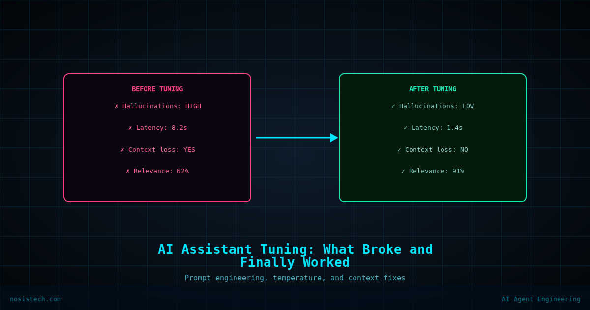 Before and after comparison showing AI assistant performance metrics including hallucination rate, response latency, context retention, and relevance score improvements after systematic tuning.