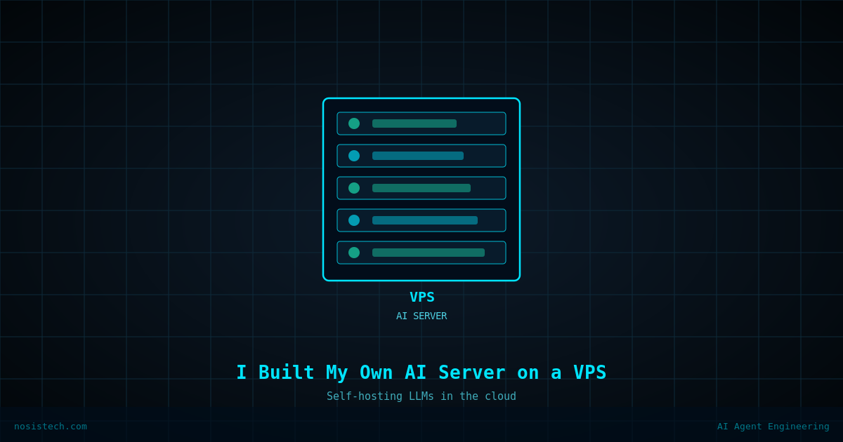 Illustration of a glowing server rack hosted on a virtual private server, representing a self-hosted AI inference server with multiple GPU and storage layers.