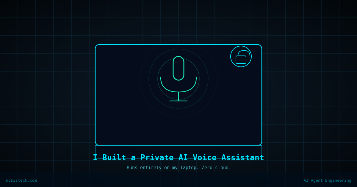 Laptop screen illustration showing a glowing microphone icon with sound wave rings and a privacy lock badge, representing a fully offline private AI voice assistant running locally without cloud services.